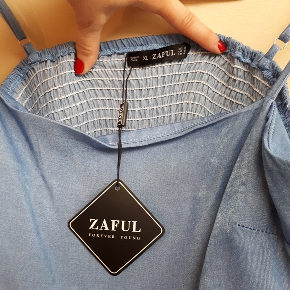 ZAFUL Chambray Smocked Back Mini Cami Dress in Light Blue - Picture 12 of 14